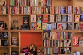 Colourful bookshelf at October Books, Southampton.